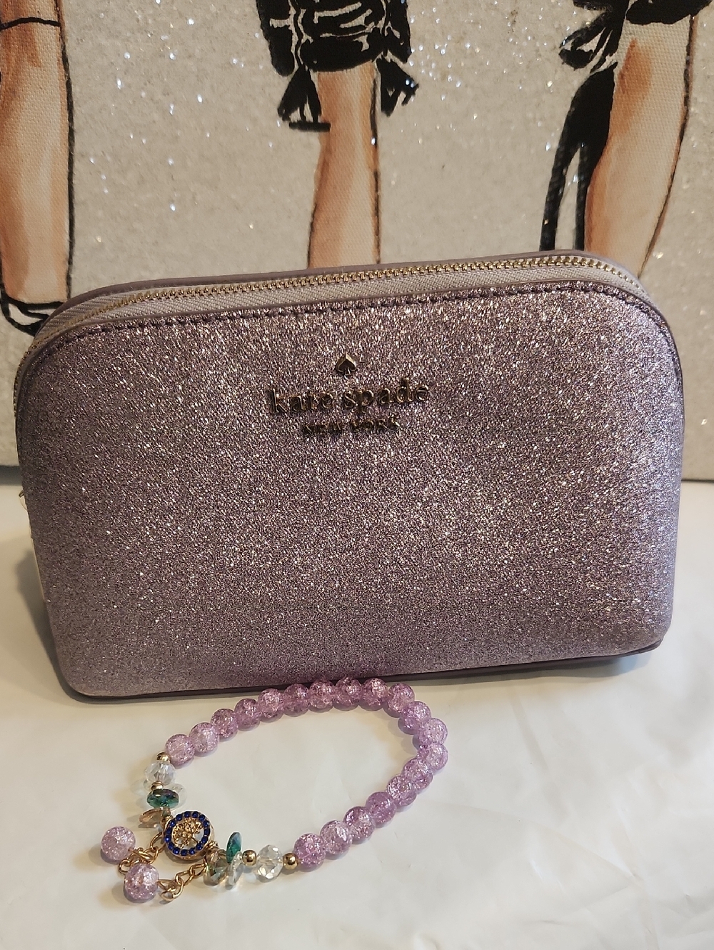 Kate Spade Lilac Glitter Dome Cosmetic Pouch W FREE Lilac Glitter Beaded Bracele